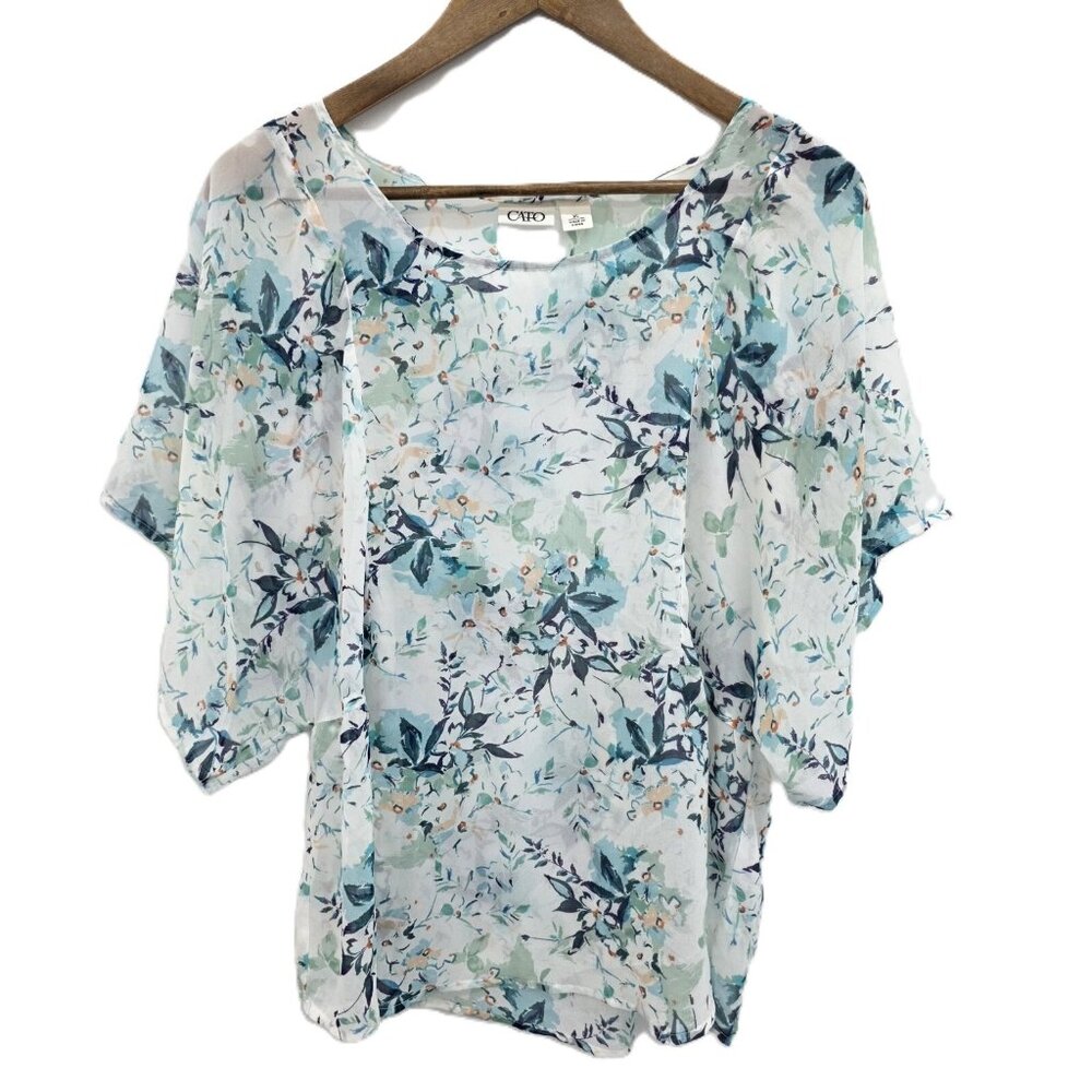 Cato Womens Floral Sheer Chiffon Top Size XL Green Short Sleeve Dainty‎ Fairy